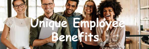 employee benefits at tech firms. image of young tech workers happy and laughing